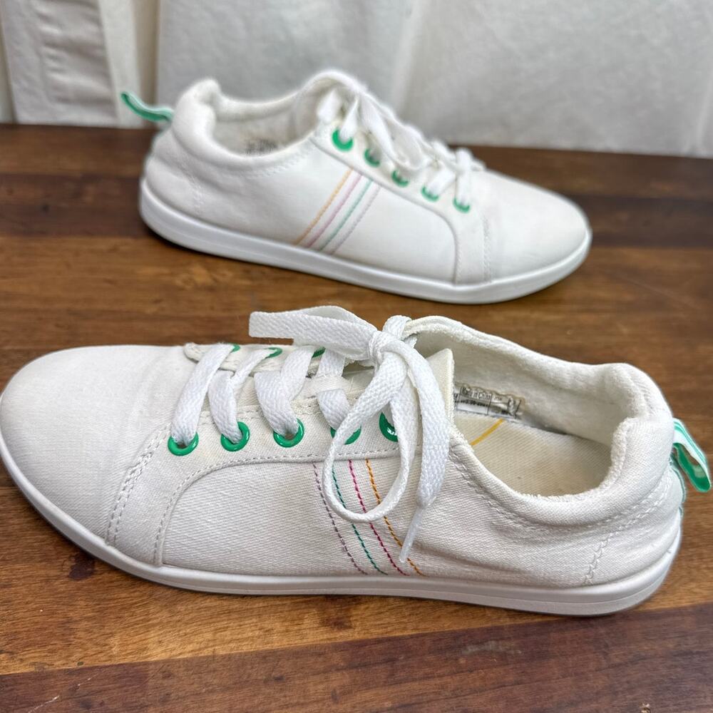 Vionic Beach Stinson White Cloth Rainbow Thread Sneakers Shoes Women's Size 6.5